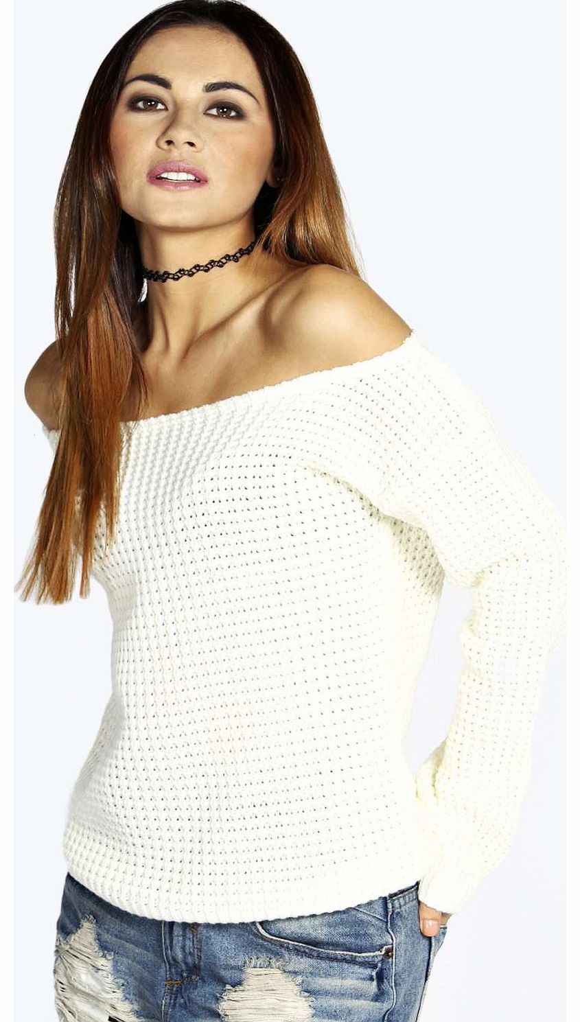 Krista Holly Slash Neck Waffel Jumper - cream