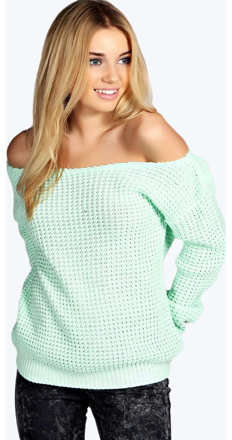 Krista Holly Slash Neck Waffel Jumper - mint