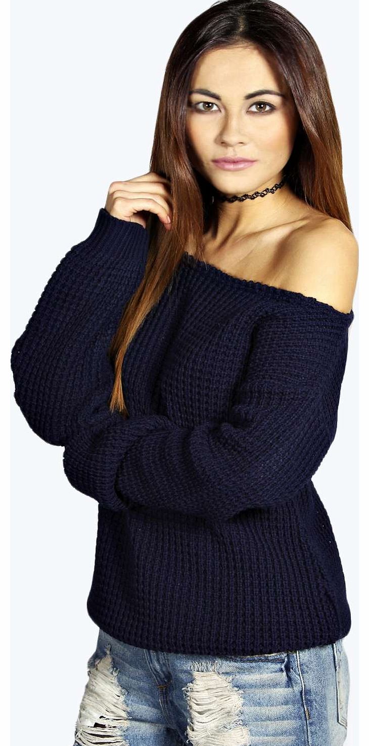 Krista Holly Slash Neck Waffel Jumper - navy