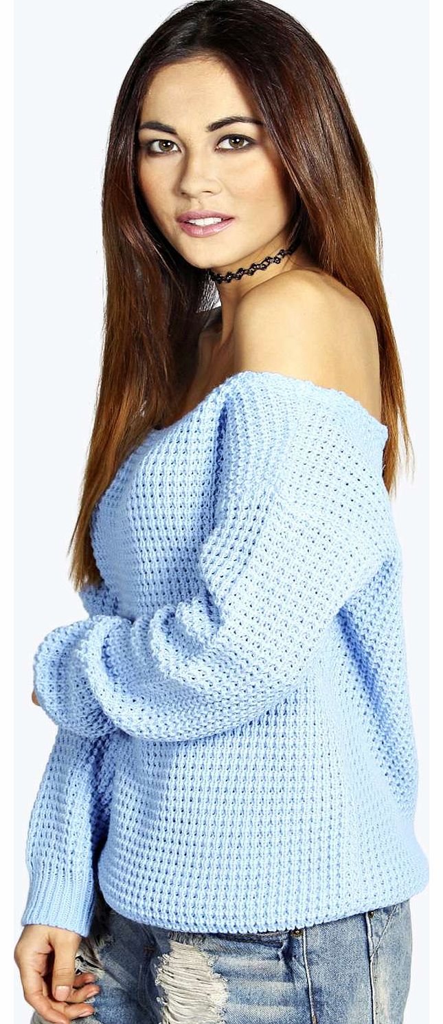 Krista Holly Slash Neck Waffel Jumper - sky