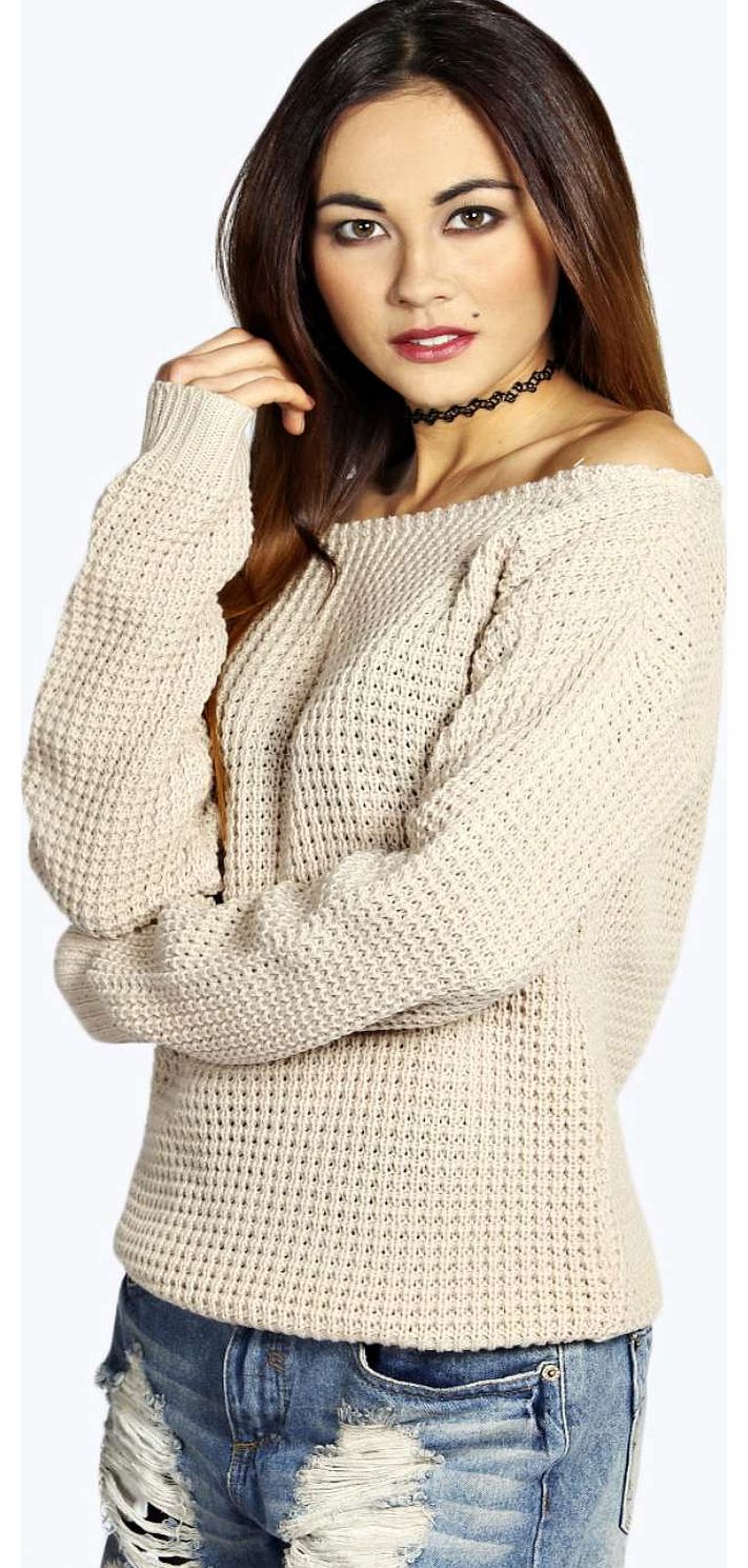 Krista Holly Slash Neck Waffel Jumper - stone