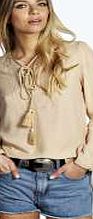 boohoo Lace Up Embroidered Blouse - beige azz04865