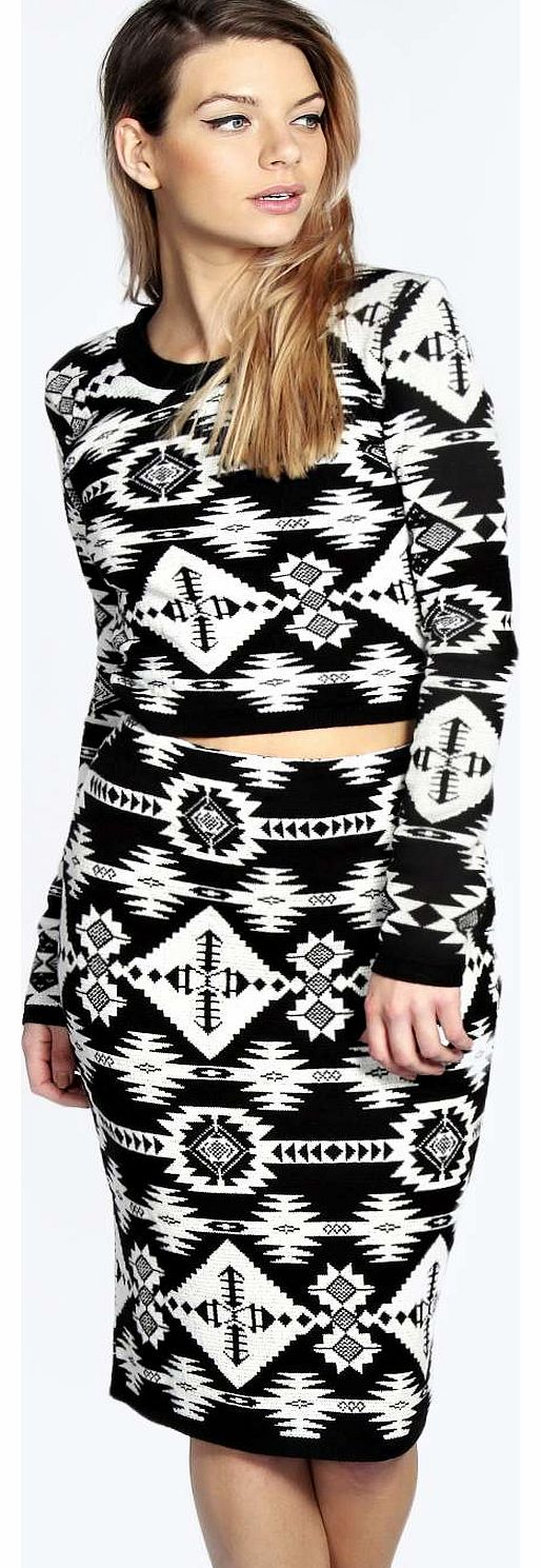 boohoo Lara Aztec Knitted Crop Top and Skirt Co-Ord Set