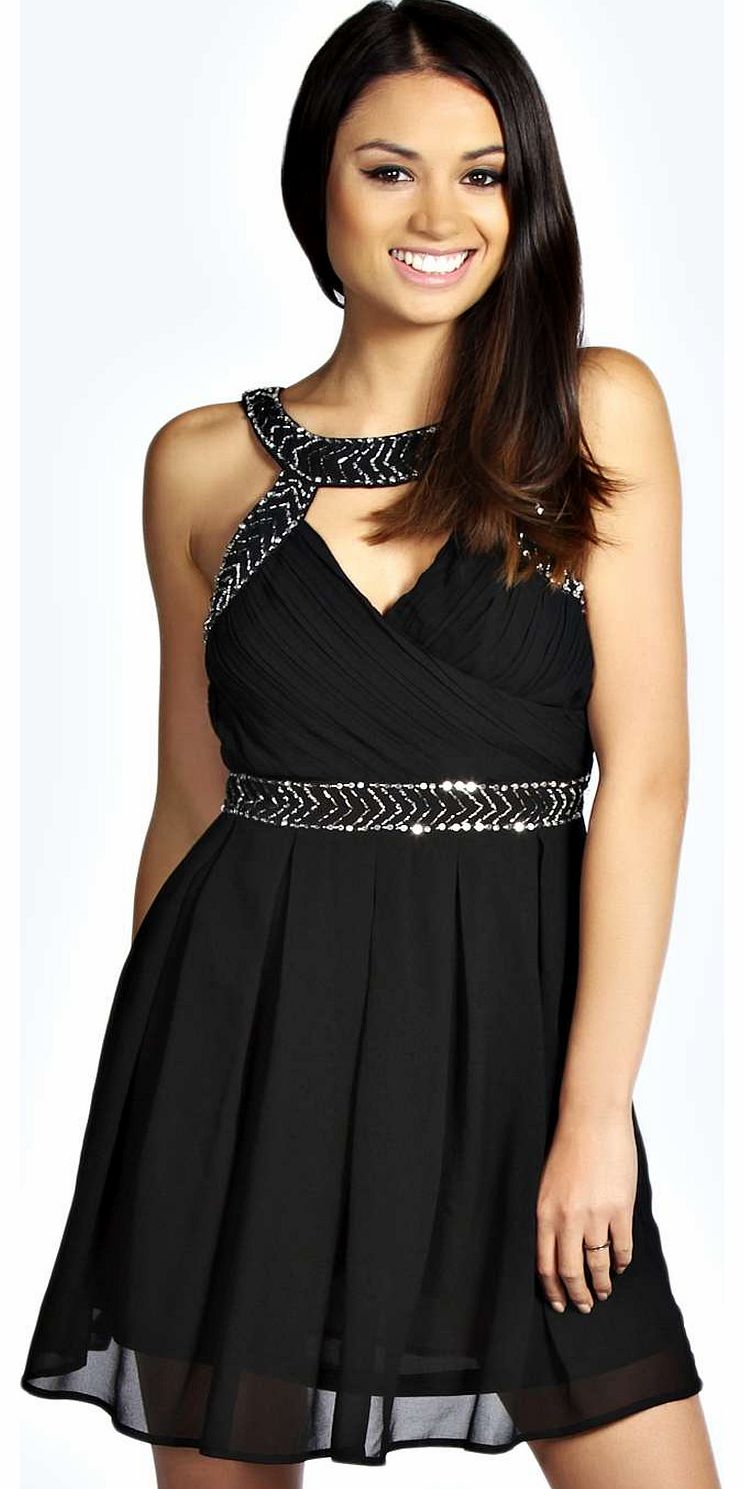 boohoo Lara Embellished Cut Out Detail Chiffon Skater