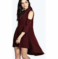 boohoo Lara Open Shoulder Dip Hem Shirt Dress - berry