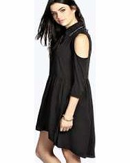 boohoo Lara Open Shoulder Dip Hem Shirt Dress - black