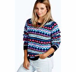 boohoo Lara Pattern Crew Neck Jumper - navy azz24063