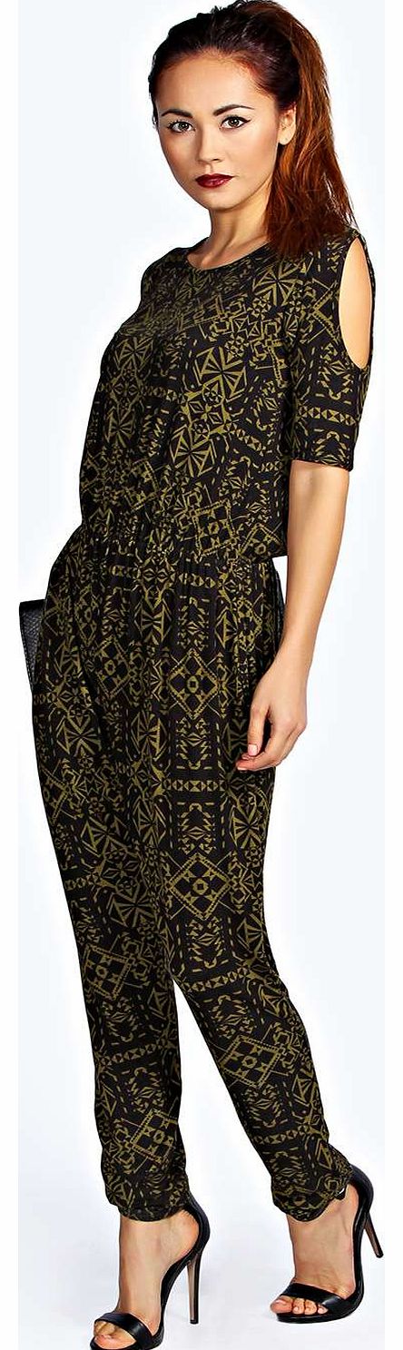 boohoo Lara Printed Open Shoulder Jumpsuit - khaki