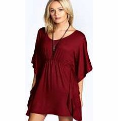 boohoo Lara Shirred Waist Batwing Dress - wine azz23071