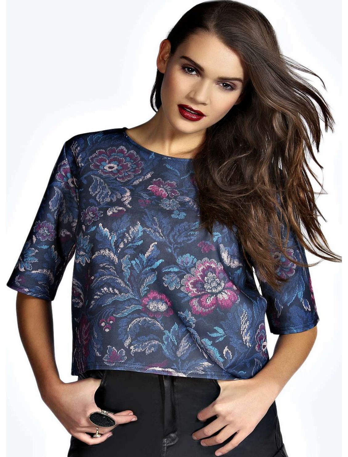 boohoo Lara Tapestry Floral Print Shell Top - black