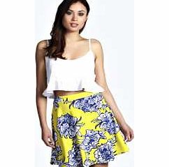 boohoo Large Floral Crepe Skater Skirt - yellow azz10840