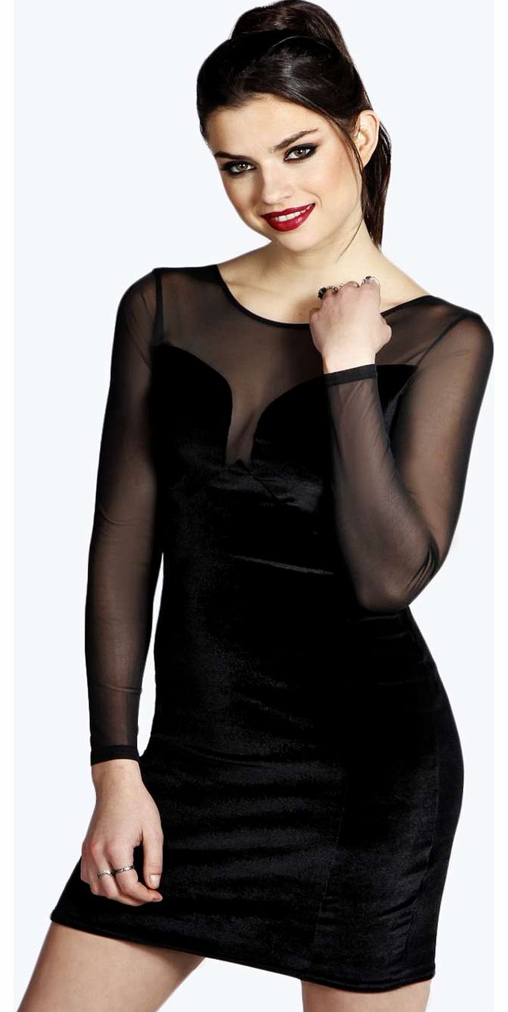 boohoo Larissa Velvet Mesh Sleeve Bodycon Dress - black - review, compare prices, buy online