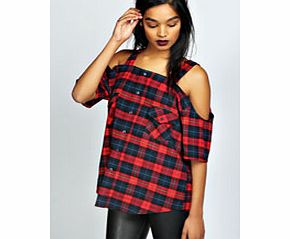 Laura Cut Out Shoulder Check Shirt - red azz39706