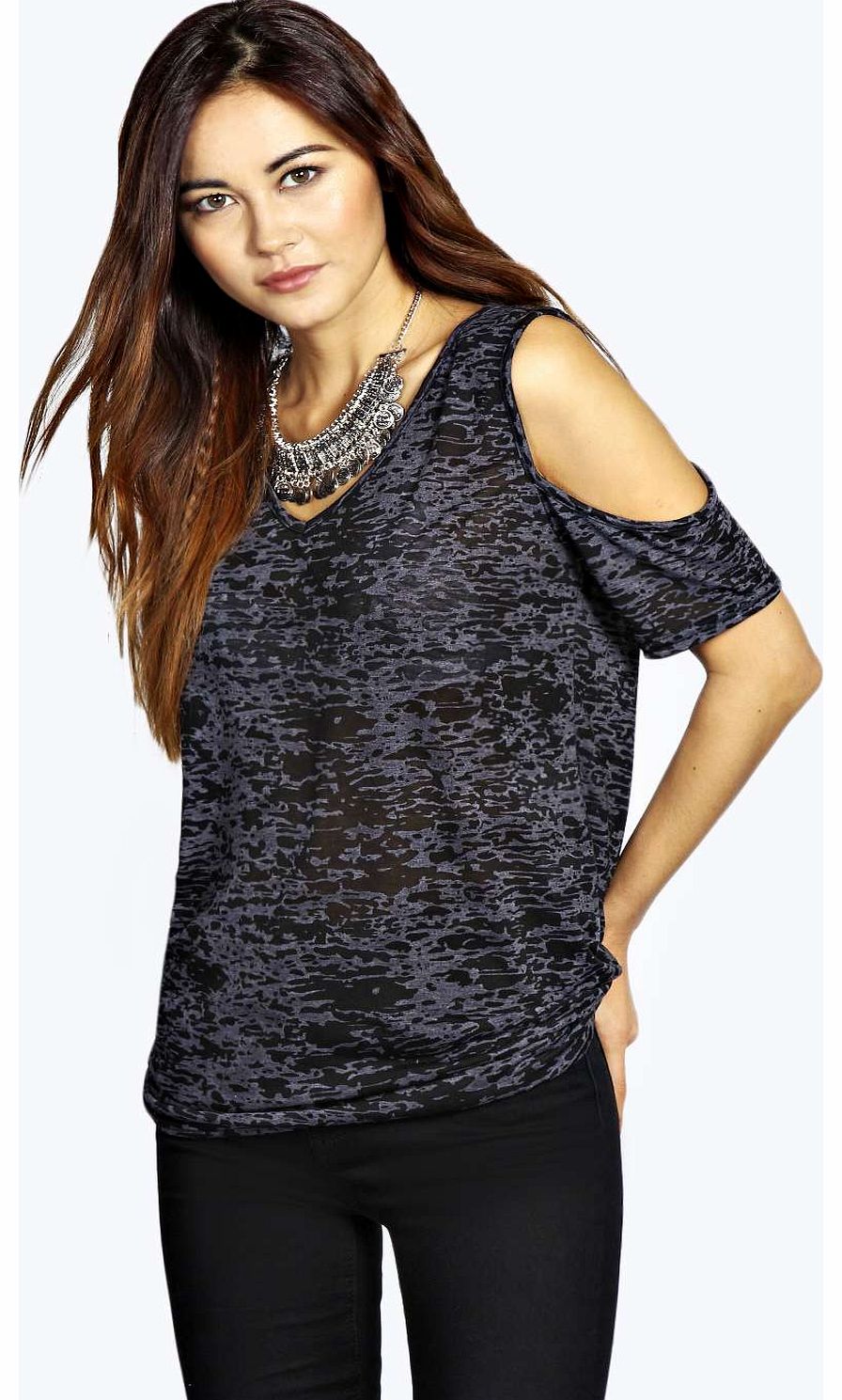 boohoo Laura Cut Out Shoulder V Neck Slub Tee - black