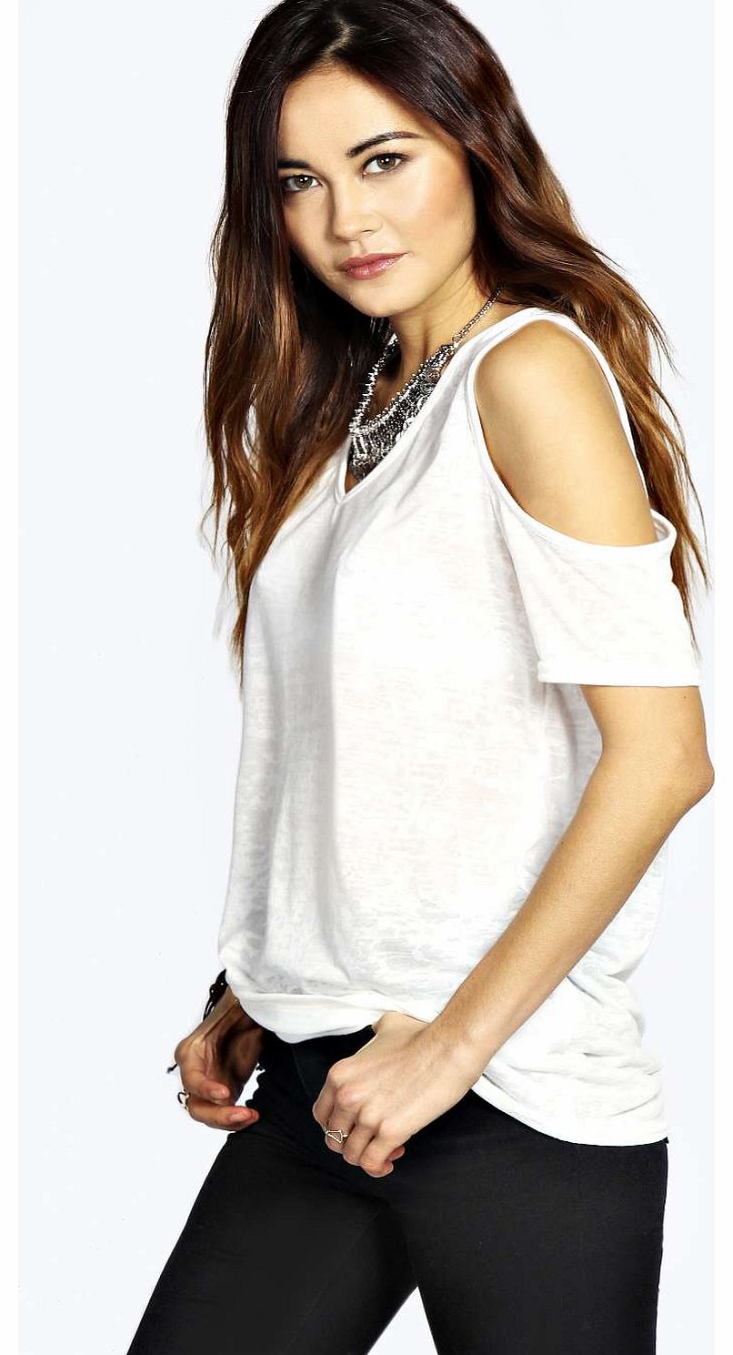 Laura Cut Out Shoulder V Neck Slub Tee - cream