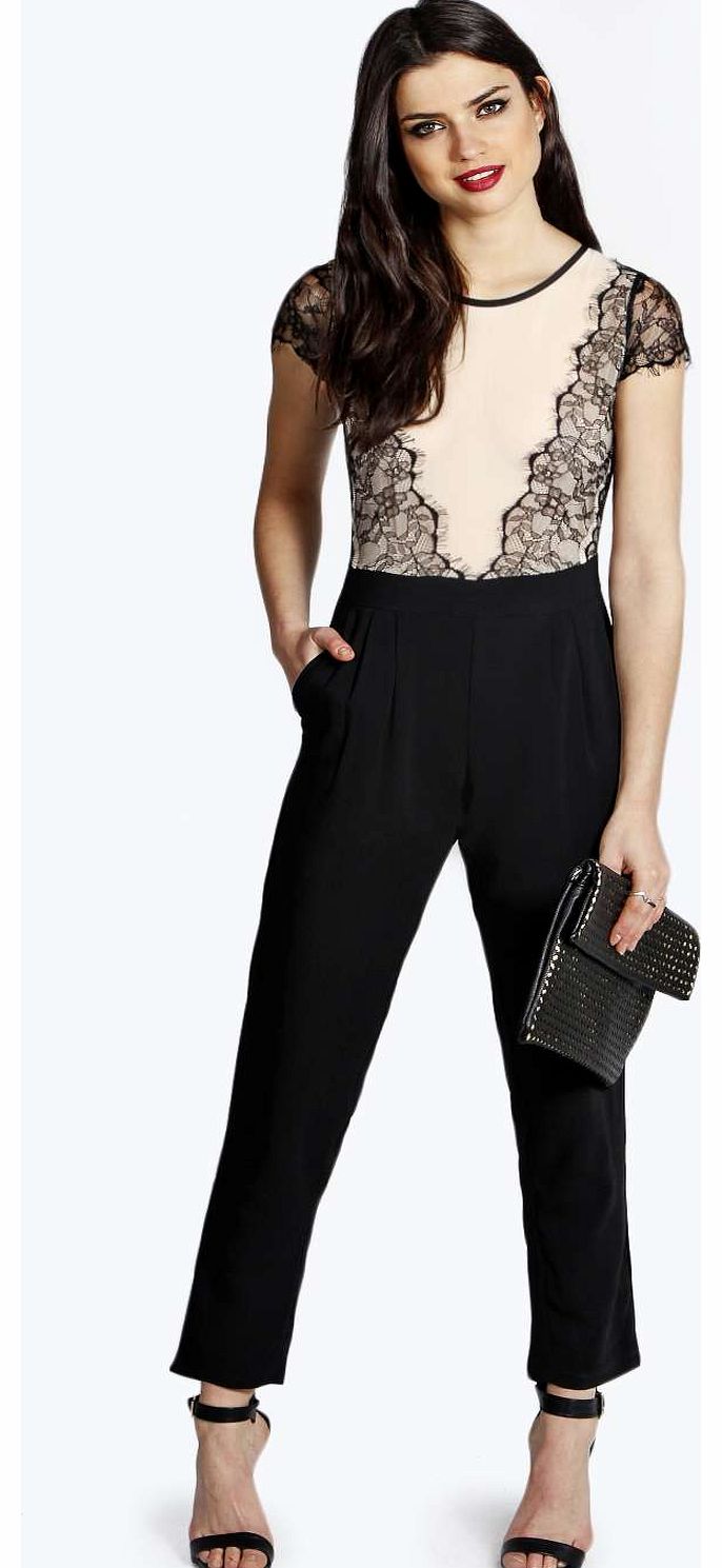 boohoo Laura Eyelash Lace Cap Sleeve Woven Jumpsuit -