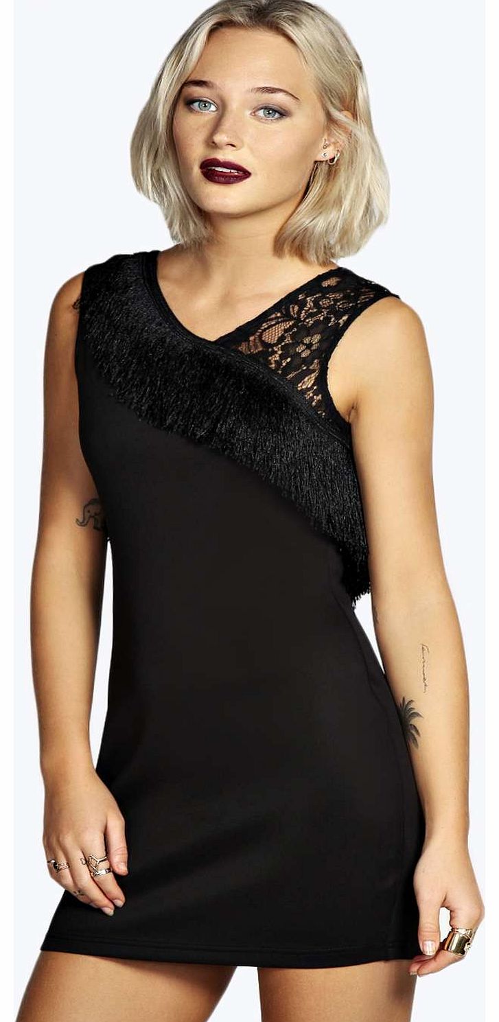 boohoo Laura Fringe and Lace Bodycon Dress - black