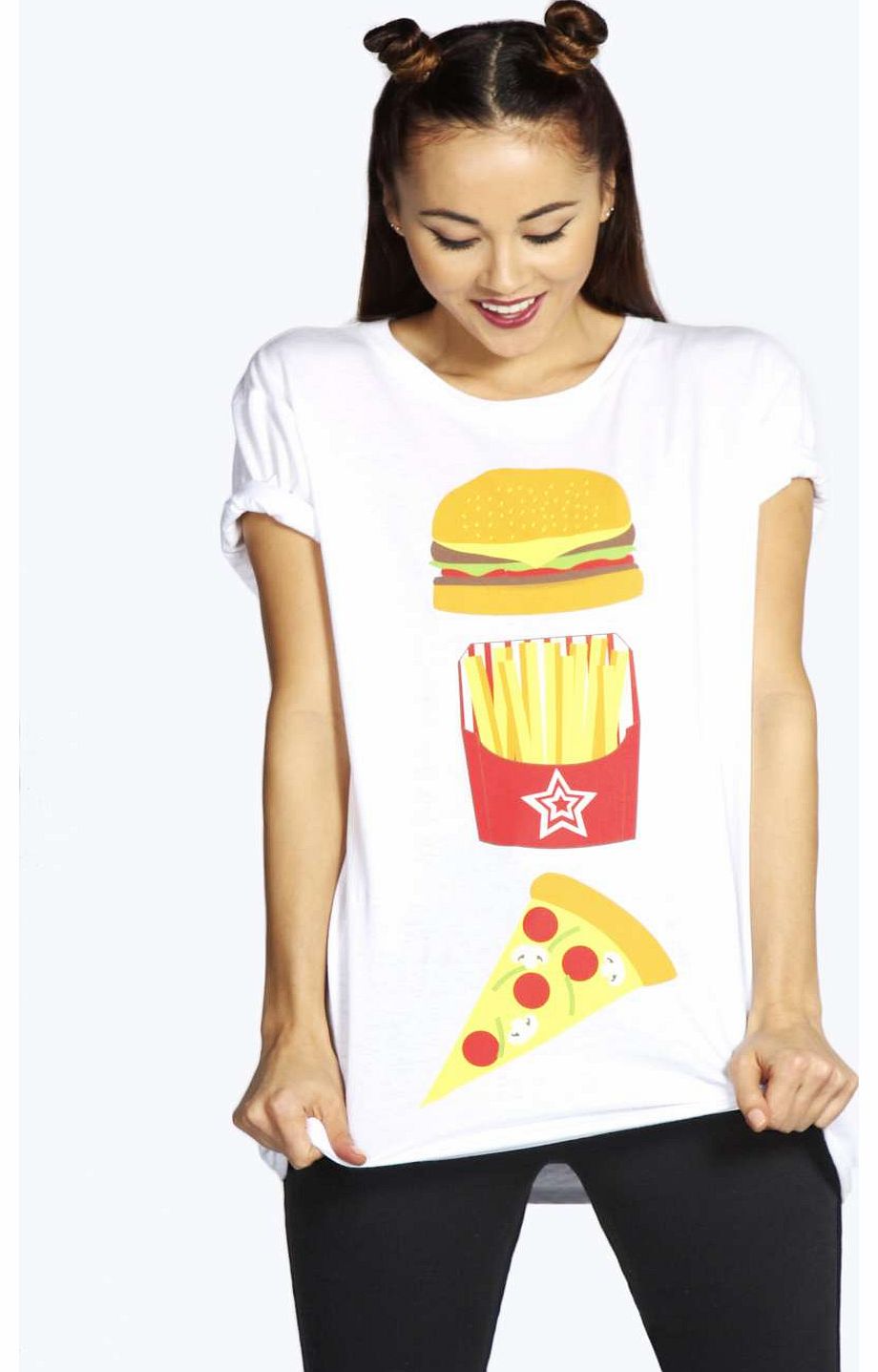 boohoo Lauren Emoji Print Roll Sleeve Tee - white