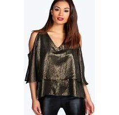 boohoo Lauren Metallic Open Shoulder Cape Blouse - gold