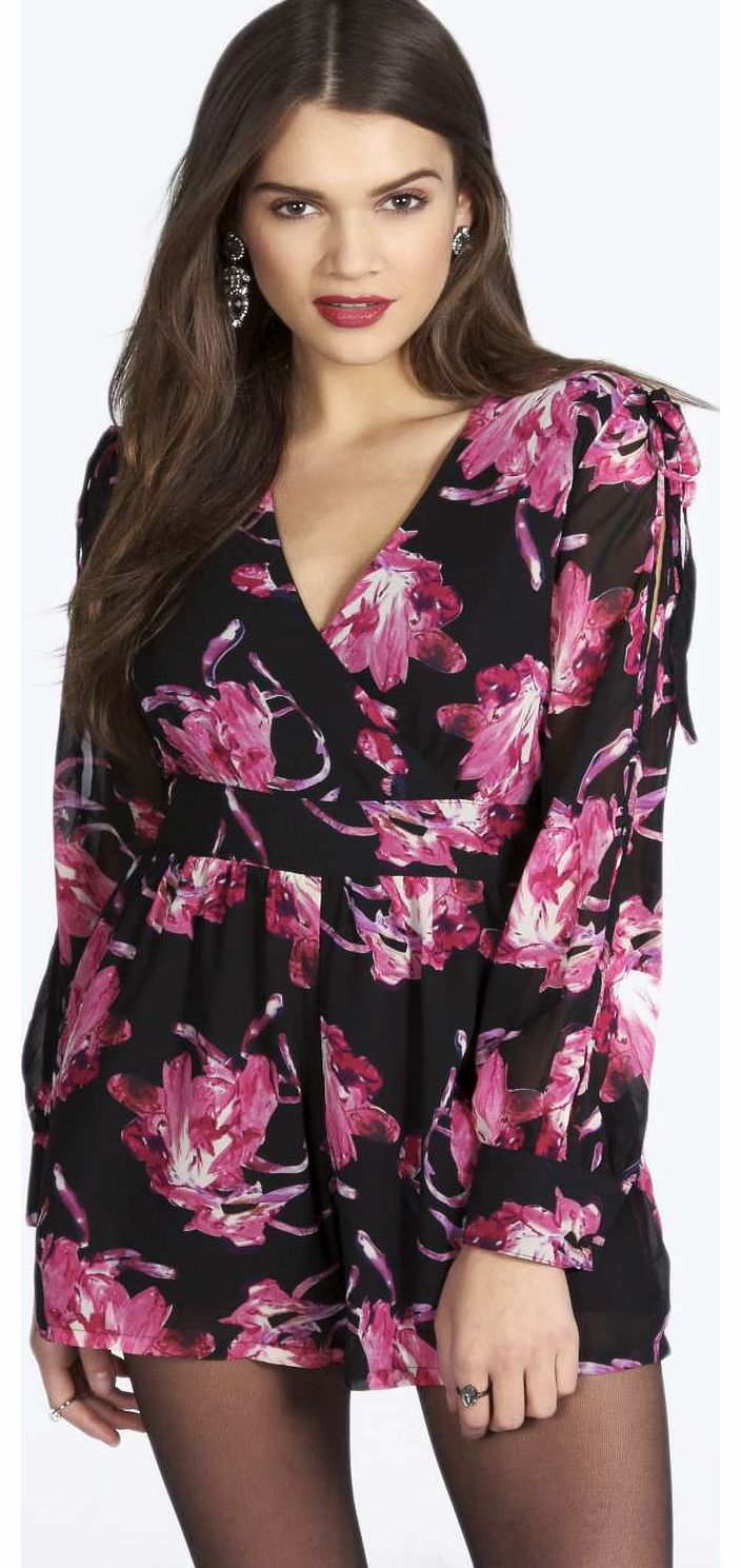 boohoo Laurie Long Sleeve Floral Chiffon Playsuit -