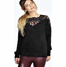 boohoo Laylar Lace Yoke Fluffy Knit Jumper - black