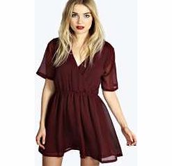boohoo Leah Wrap Over Chiffon Skater Dress - berry