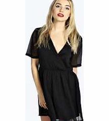 boohoo Leah Wrap Over Chiffon Skater Dress - black