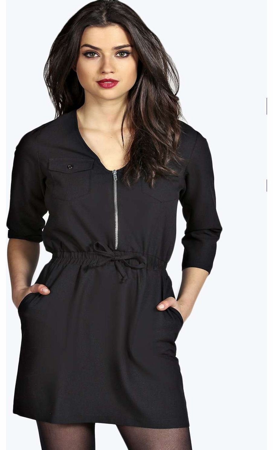 boohoo Leanne Zip Front Skater Dress - black azz16414