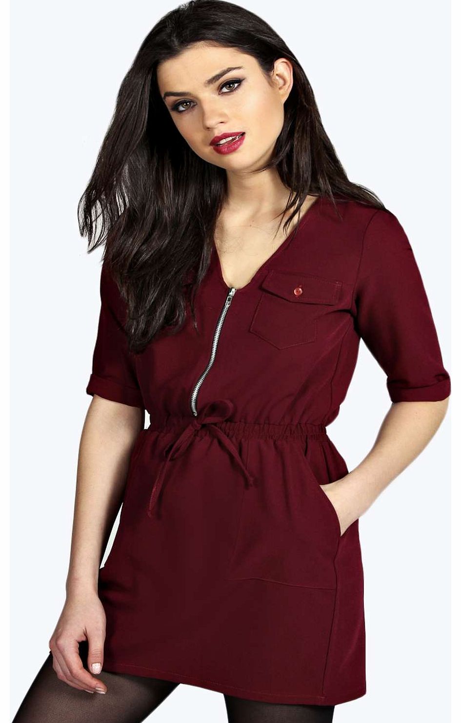 boohoo Leanne Zip Front Skater Dress - wine azz16414
