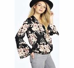 boohoo Lena Floral Print Wrap Front Woven Blouse -