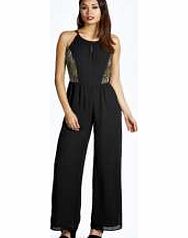 boohoo Lila Glitter Lace Side Panel Jumpsuit - black