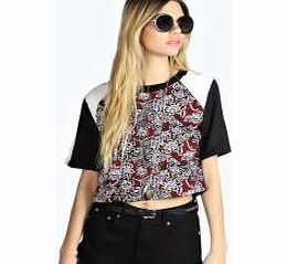 boohoo Lilli Printed Contrast Sleeve Rib Neck Shell Top