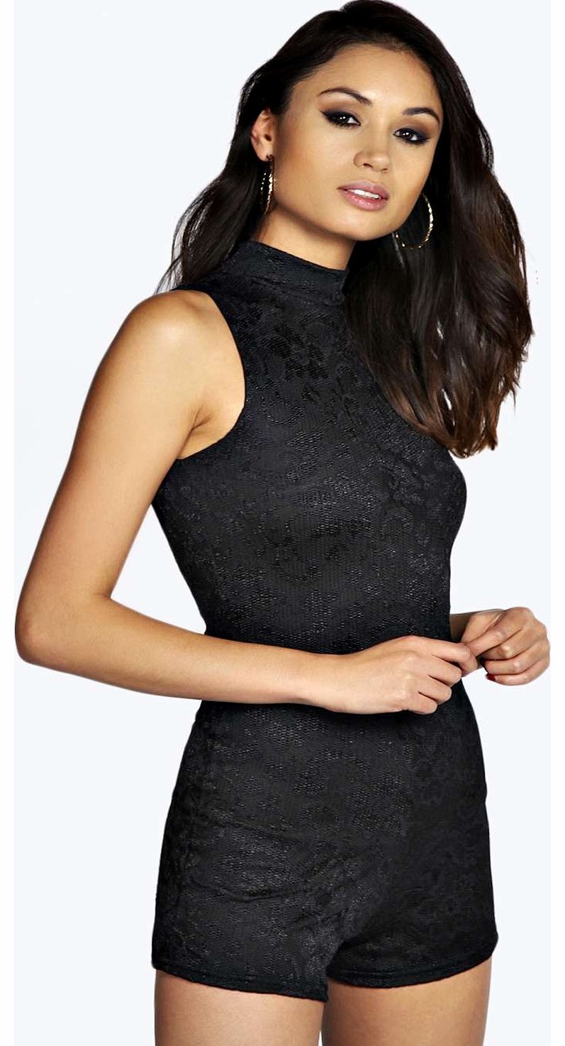Lilly High Neck All Over Lace Playsuit - black