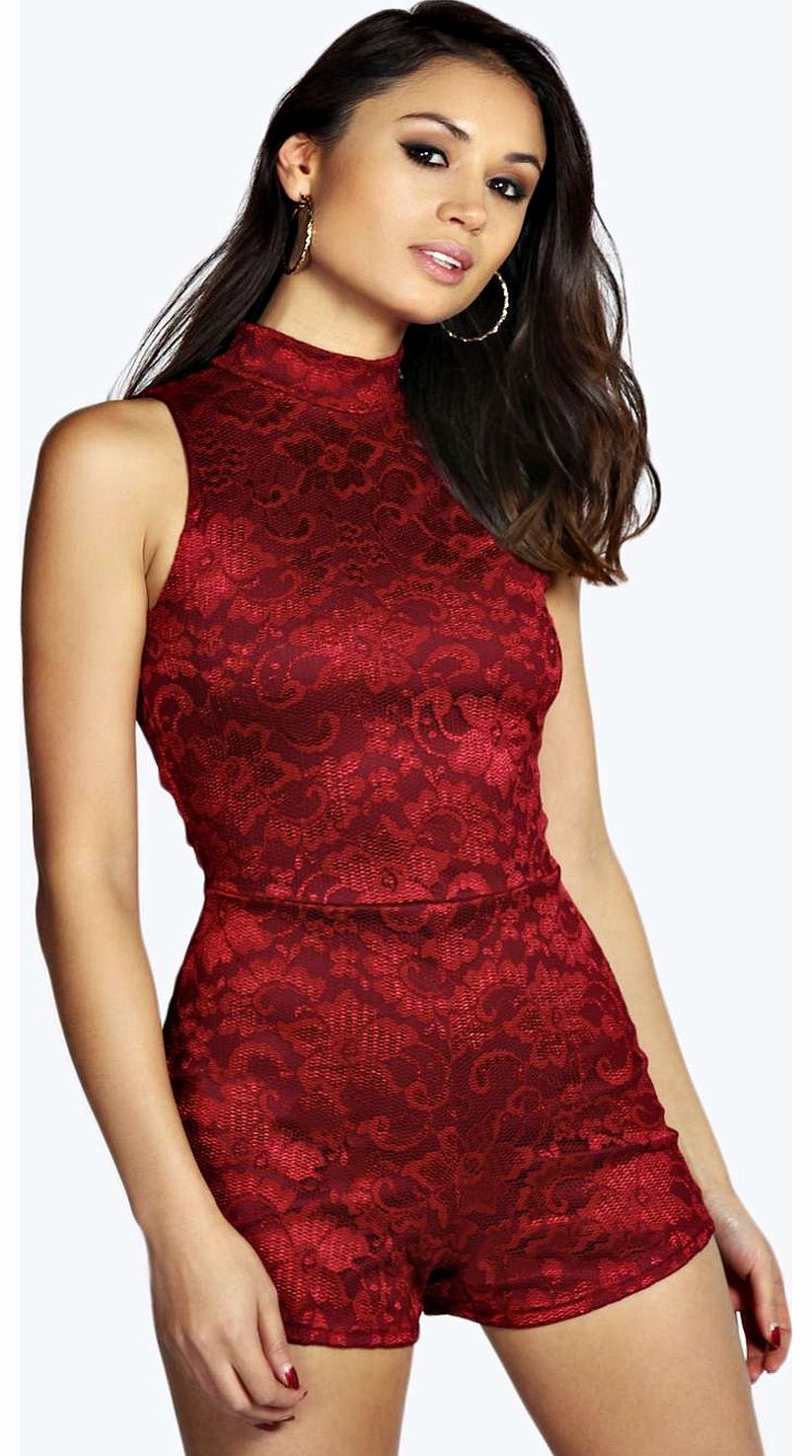 boohoo Lilly High Neck All Over Lace Playsuit - wine