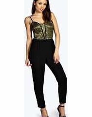 boohoo Lilly Metallic Lace Bustier Jumpsuit With Cut