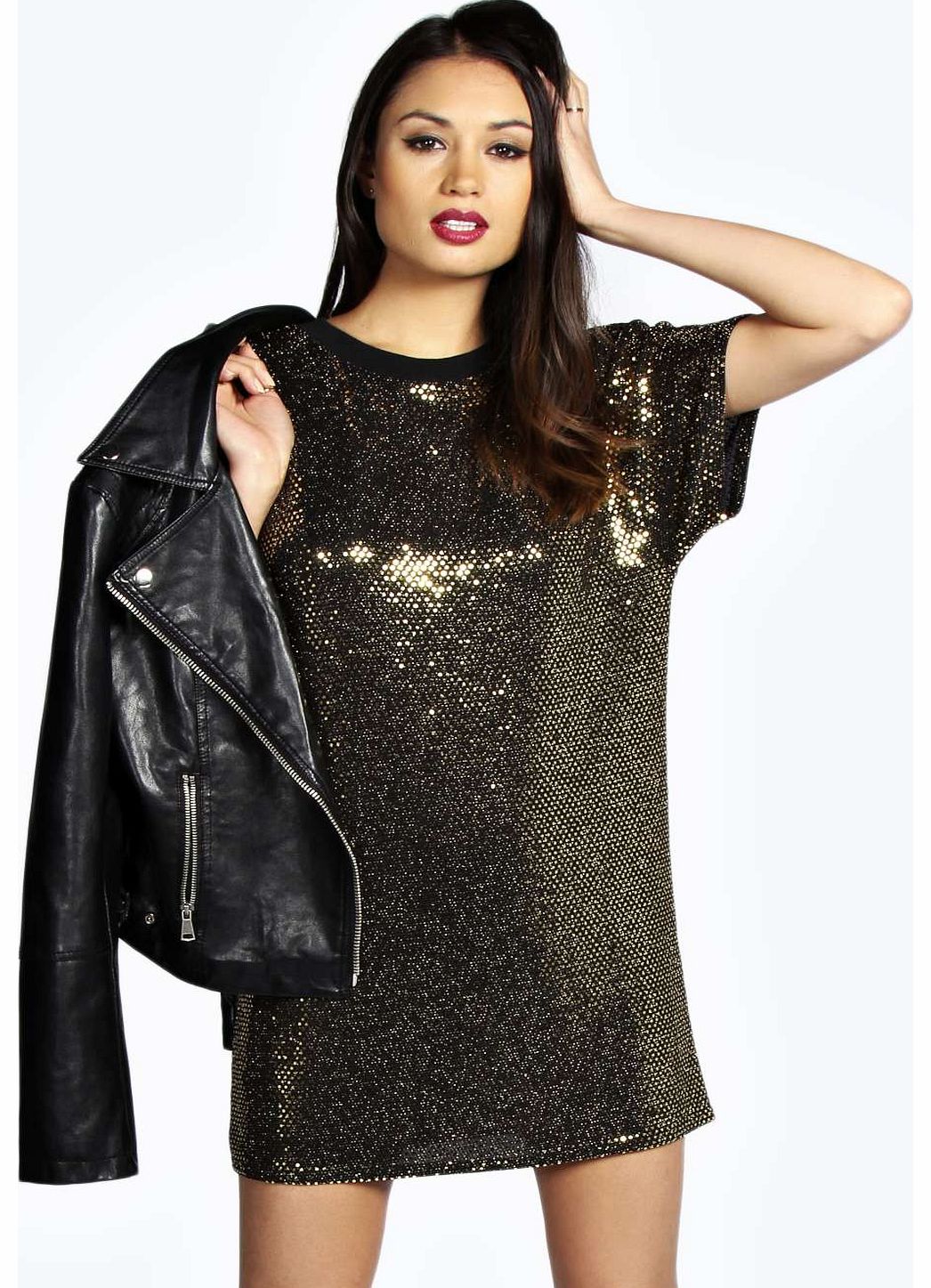 boohoo Lilly Sequin Spot Shift Dress - gold azz17846