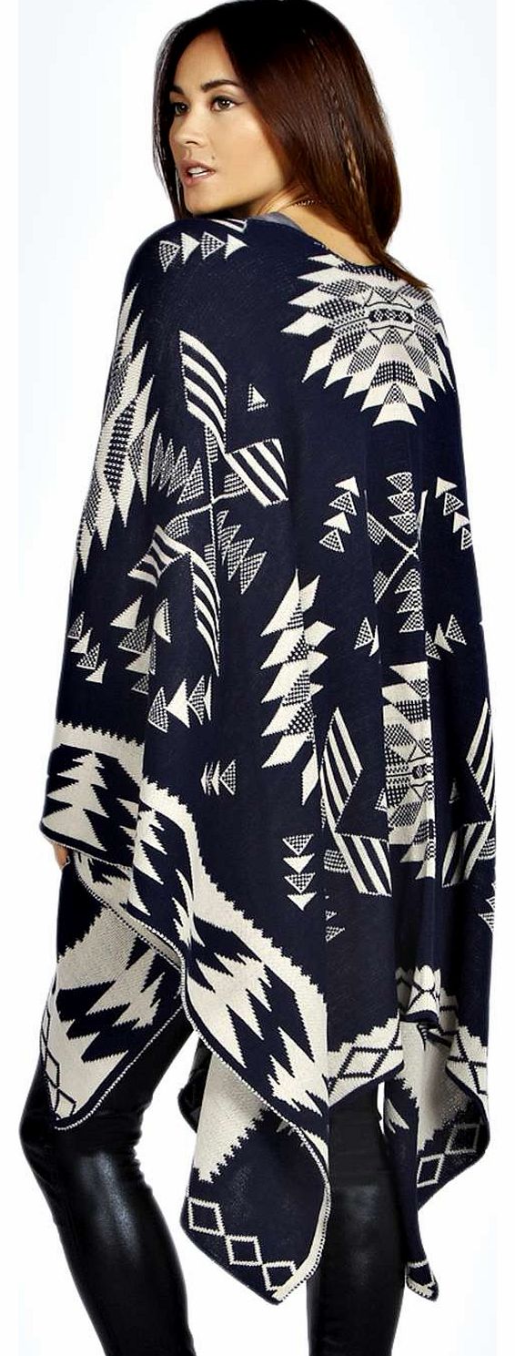 boohoo Lily Aztec Print Cape - navy azz17349