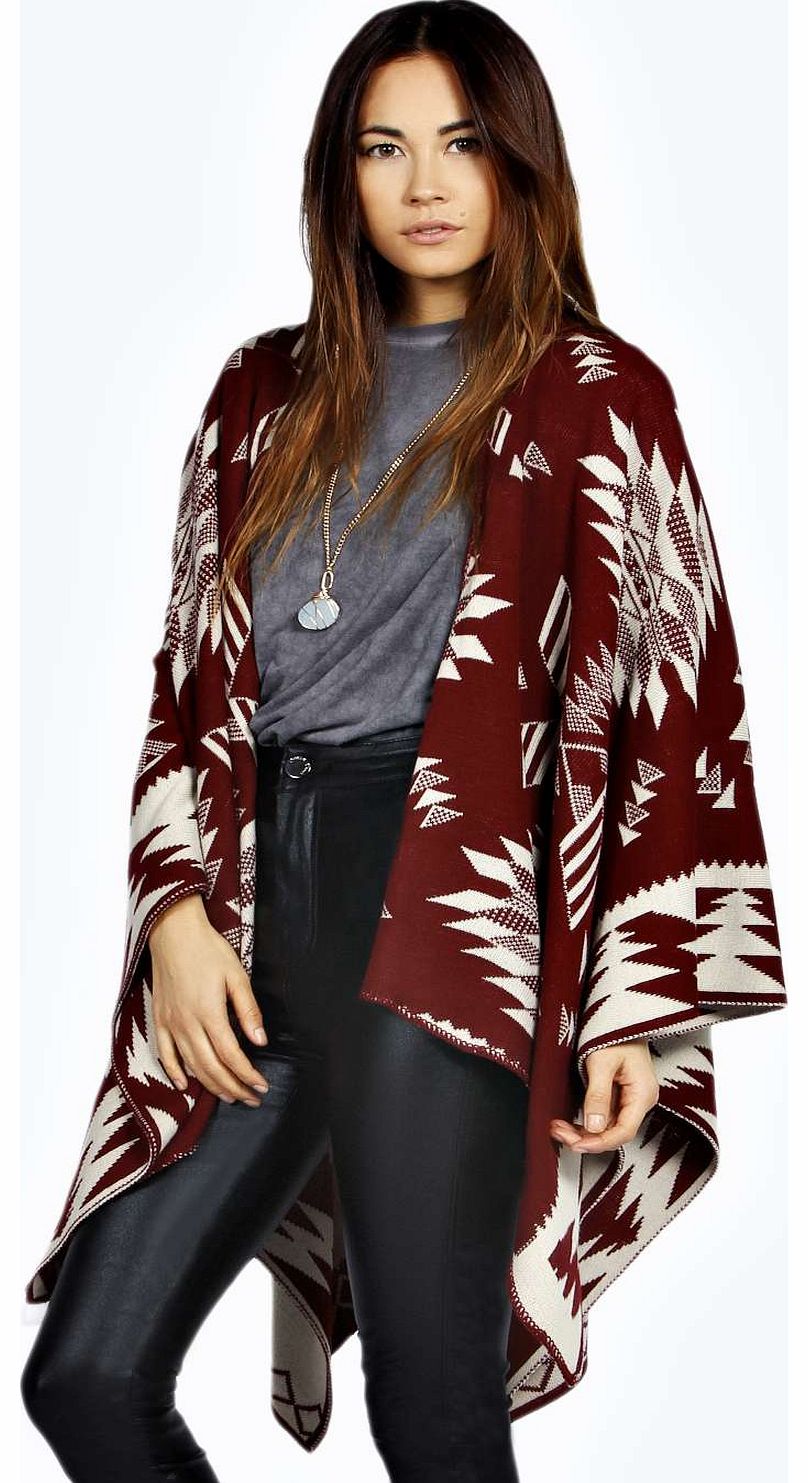 boohoo Lily Aztec Print Cape - wine azz17349