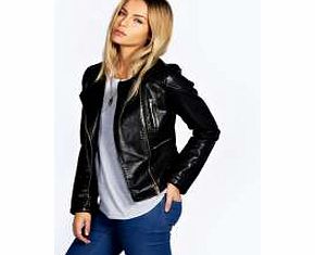 boohoo Lily Collarless Faux Leather Bike Jacket - black