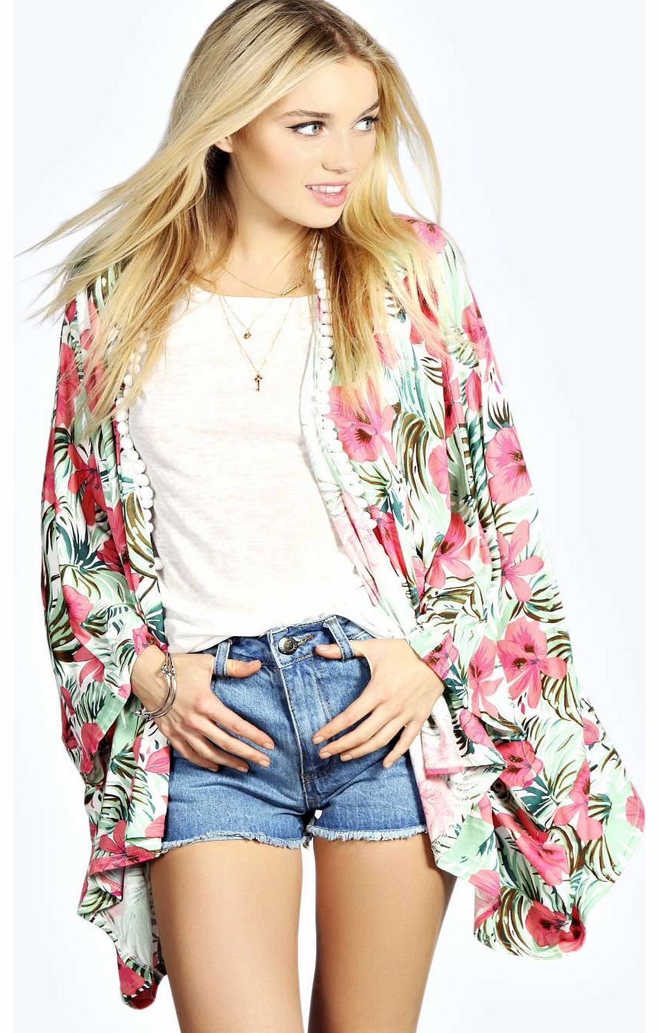 boohoo Lily Pom Pom Trim Tropical Print Kimono - multi