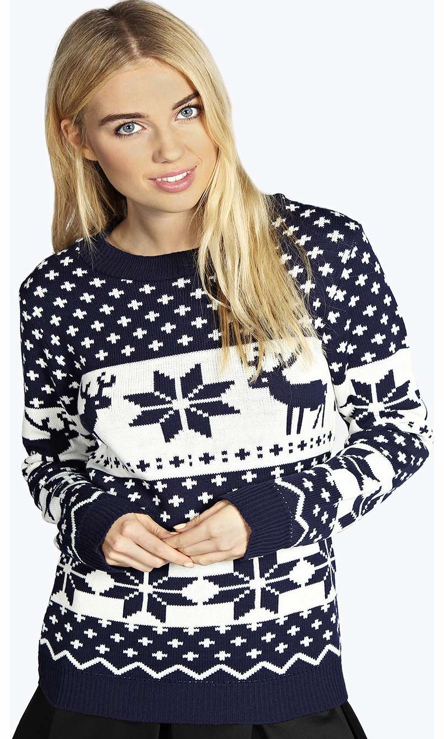 boohoo Linda Reindeer Snowflake Jumper - navy azz14635