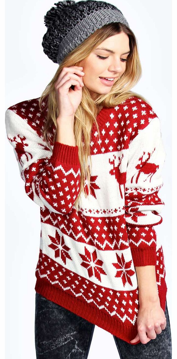 boohoo Linda Reindeer Snowflake Jumper - red azz14635