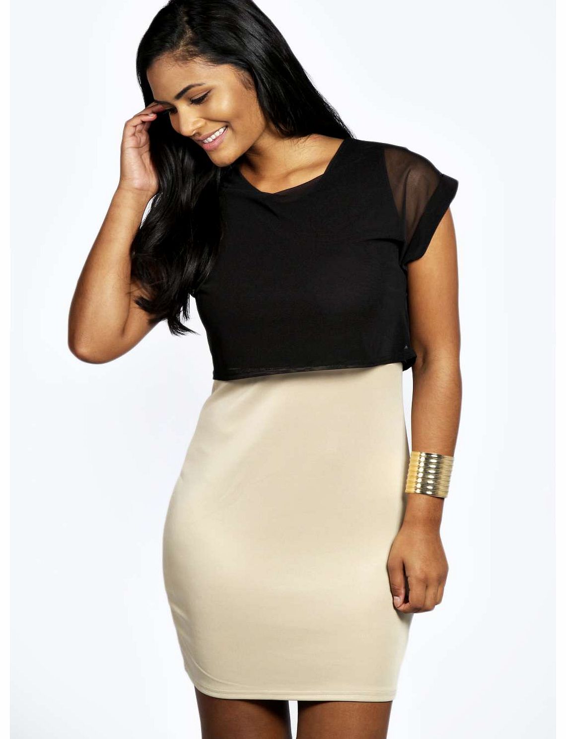 boohoo Liz Double Layer Bodycon Dress - stone azz18855