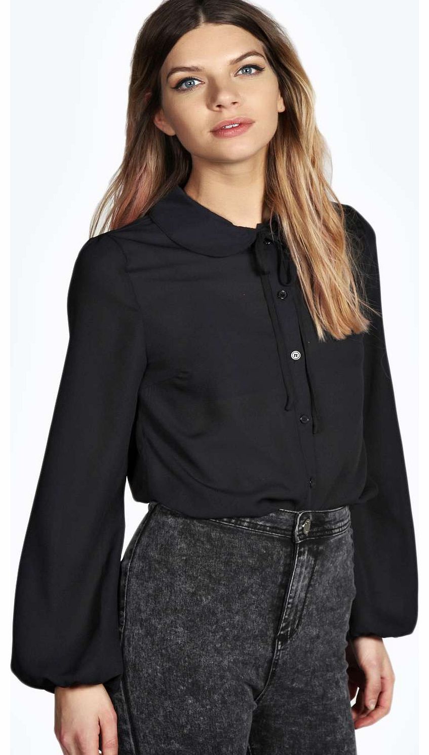 boohoo Liz Peter Pan Collar Tie Neck Blouse - black