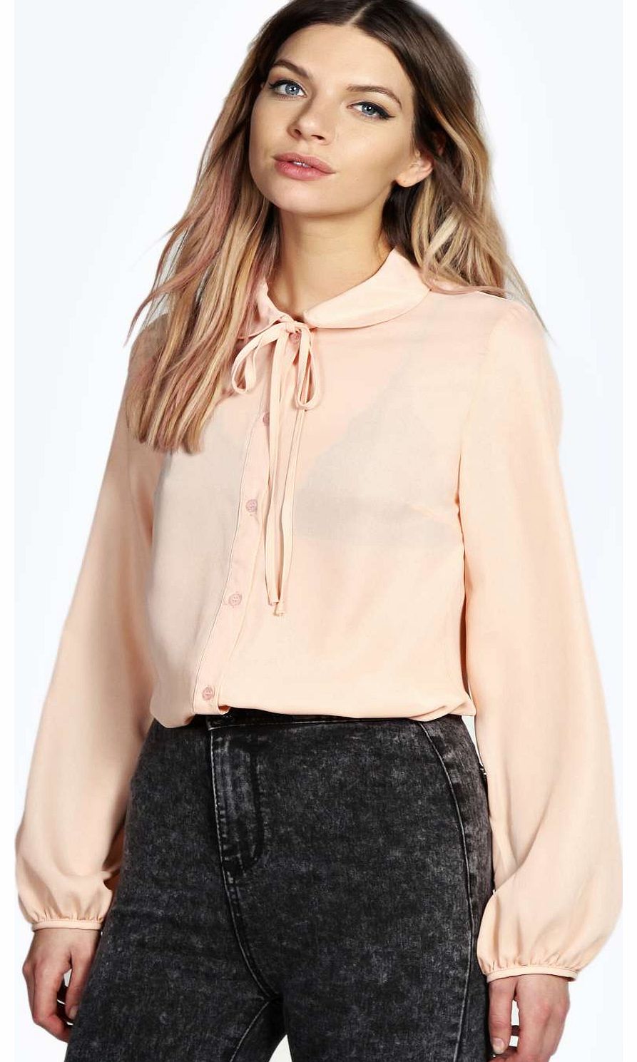 boohoo Liz Peter Pan Collar Tie Neck Blouse - nude