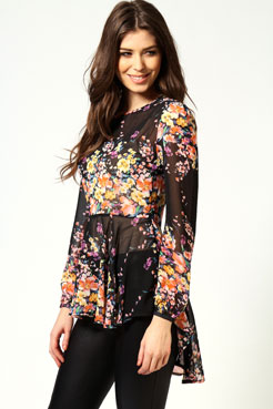 boohoo Lizzy Floral Longline Peplum Chiffon Blouse Female