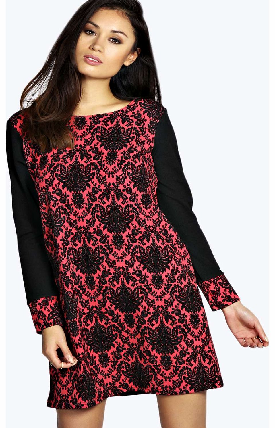 boohoo Lola Contrast Printed Shift Dress - black azz18981