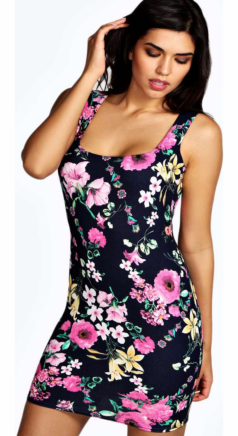 boohoo Lola Square Neck Printed Bodycon Dress - navy