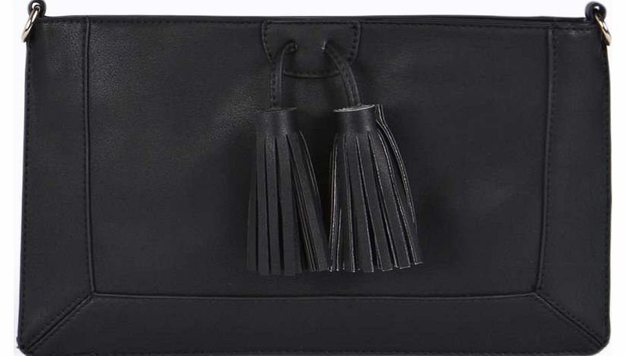 boohoo Lola Tassel Front Oversize Clutch Bag - black