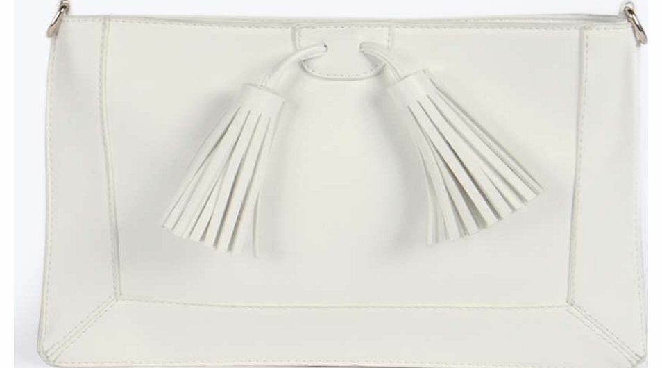 Lola Tassel Front Oversize Clutch Bag - white